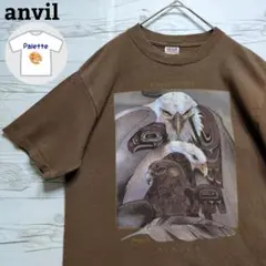 イーグル　鷲　ワシ　鳥　羽　アラスカ　アート　デザイン　半袖　茶色　M　海外古着