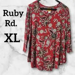 Ruby Rd.【XL】花柄レッドチュニック 7分袖 カットソー 古着