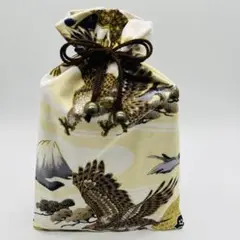 アイボリー　金彩 鷹　富士山　御朱印帳袋　大判サイズ　巾着袋 和柄　ハンドメイド