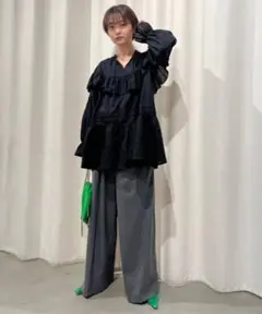 MEDI 2WAY COTTON FRILL TUNIC BLOUSE黒n350