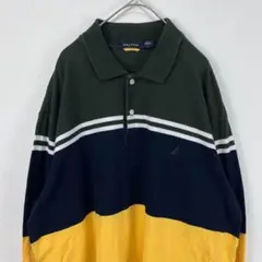 USA古着 nautica ノーティカ ボーダー 長袖 ポロシャツ ネイビー