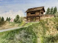 手描き水彩画「群馬県箕輪城跡の馬出し小口門」