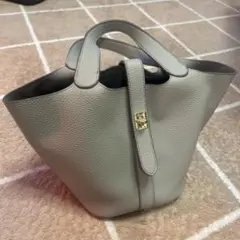 グレー レザー トートバッグ ボタン留め