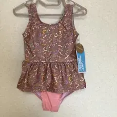 新品 ポップ柄の水着セット 90cm UVカット ブラウン・ピンク 女の子