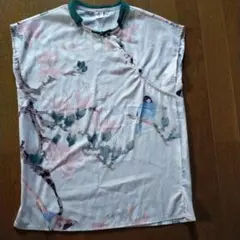 チャイナブラウス　花と鳥プリント ノースリーブ Mサイズ
