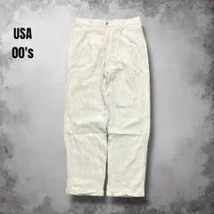 00s USA ヘリンボーン ツータックリネンパンツ ワイドレッグ コットン