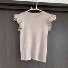フリル袖 ベージュ リブニット