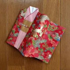 ブックカバー　打ち掛け　鶴　赤×ピンク　文庫本サイズ