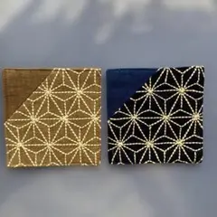 リネン幾何学模様　刺子のコースター2色セット、ハンドメイド品