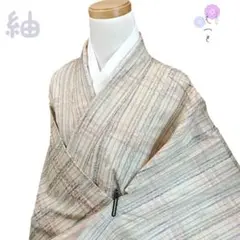 五44 えっと 着物 紬 ベージュ 抽象模様 ふくよかサイズ