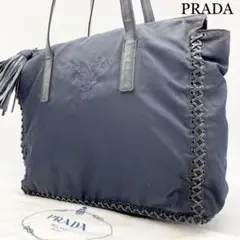 【美品】プラダ 刺繍ロゴ 編み込み レザー フリンジ テスート ナイロン 黒