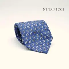 NINA RICCI ネクタイ フランス製 総柄 花柄 シルク ブルー@JG24