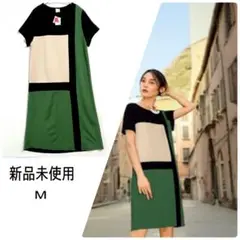 新品タグ付✨幾何学柄切替ワンピース M 上品 体型カバー 春夏 ゆったり 可愛い