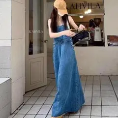 サロペット デニム　ロングワンピース　 マキシ丈 着やせ ワンピース　楽チン