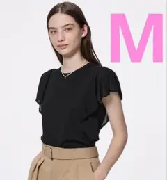 【GU】シアーラッフルスリーブセーター ブラック M
