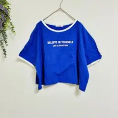 ✨良品✨tm-party メッセージプリントクロップト Tシャツ 半袖 ブルー