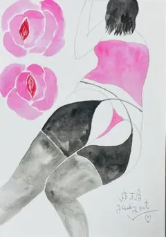 自画像ドローイングでA4水彩アクリル絵画原画抽象画