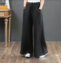 ワイドパンツ 綿麻 コットンリネン ストレート ワイド 快適 通気性 ブラック