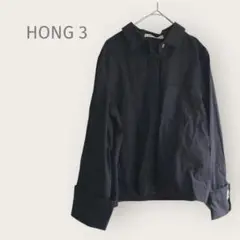 HONG 3 【M】長袖さシャツ　黒　比翼ボタン　袖口折り返し　ハトメ　綿