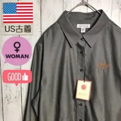 【未使用品】レディース刺繍ロゴ 長袖ワークシャツ ノーアイロン グレーM