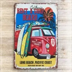 ブリキ看板　レトロなバンとサーフボード、カリフォルニアの風に旅の始まりを感じて。