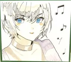 ショートヘアの女の子と音符　手描き　オリジナルイラスト　色紙