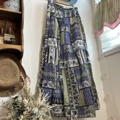 spick and span 日本製　パッチワークデザインマキシ丈スカート　青