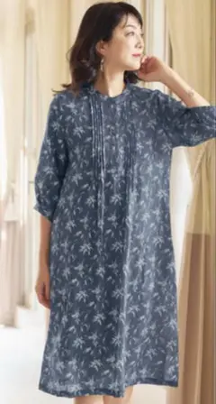 麻混ワンピース ピンタック入り M～L♦美品♦