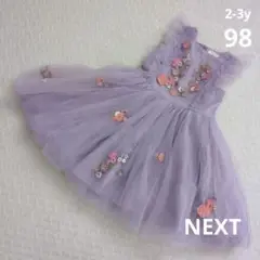 NEXT　花柄刺繍チュールワンピース　パープル　2-3y98