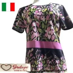 絵画のような美しい花　イタリア製　Gretepc Tシャツ　ストレッチ M