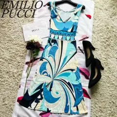 【美品】EMILIOPUCCI プッチ柄 ノースリーブドレス 総柄 ブルー 38
