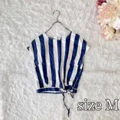美品ビスコース×リネン×テンセル 太ストライプ トップス 裾リボン M 夏素材