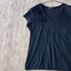 DKNY フレンチスリーブTシャツ M/L ブラック Vネック レディース