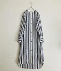 美品●CINOHチノ●バントカラー ストライプ ロング シャツワンピース●F