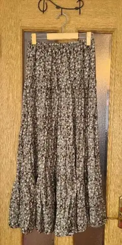 GU フラワープリント 切り替え ロングスカート L グリーン系小花柄