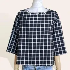 ❤️美品 デコ モノトーン チェック プルオーバー ネックビジュー トップ F