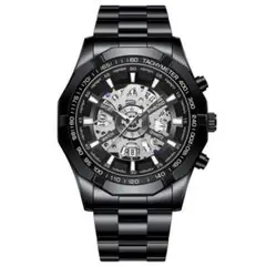o03BINBOND スケルトン ラグジュアリー メンズステンレス腕時計黒318