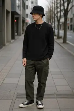 立体リブ モード カットソー 黒 ブラック メンズM相当 長袖 古着 切替