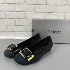 【新品】Gaborガボール本革フラットシューズ グリーン×ブラック 22.5cm