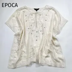 EPOCA シルク 半袖 ブラウス ポンチョ 刺繍 編み上げ 40 L 白