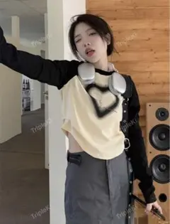 ハート型プリントオフショルダーTシャツ