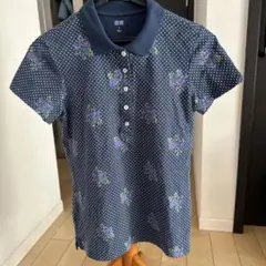 UNIQLO ネイビー ドット柄 花柄 半袖ポロシャツ M