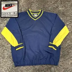 90s NIKEナイキ ピステ ネイビー×イエロー ナイロン Ｖネック Ｌ 紺黄