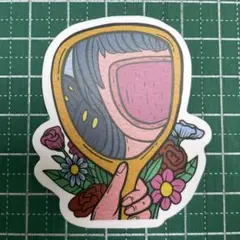 カラフルな鏡を持つ女性 防水ステッカー