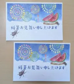 残暑お見舞い　夜空に輝く花火とすいかにしか興味のないカブトムシ