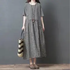 XL ワンピース　ギンガムチェック　マキシ　ロング丈　涼しげ　ポケットあり