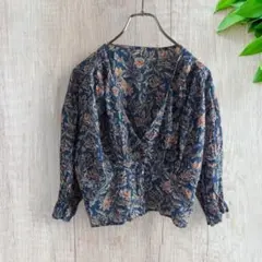 ハンチ☘️七分袖ブラウス M 花柄 ショート丈 綿混入 重ね着 w1958