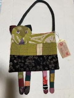 美品!作家物 和布パッチワーク 猫?バッグ