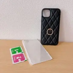 iPhone14Plus/15Plus ケース+ガラスフィルム レザー風 黒