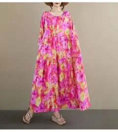 秋物美品 プリントワンピース レトロ ラウンドネック ゆったり 体型をカバー